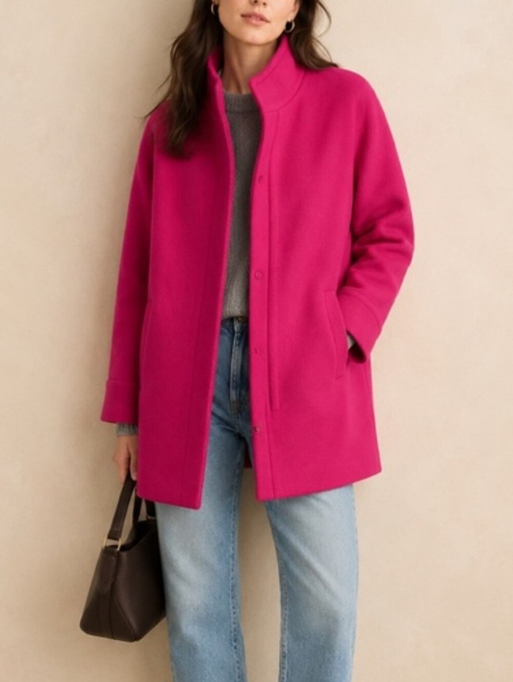 JCrew Factory Womens Fuchsia City Coat Wool-Blend Stand Collar Coat